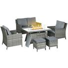 Outsunny Rattan Garden Furniture Sofa Set Armchairs Footstools Fire Pit Table