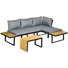 Outsunny 3PCs Patio Furniture Set w/ Cushions, Wood Grain Plastic Top Table