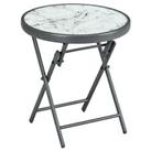 Outsunny Round Folding Side Table w/ Imitation Marble Glass Top, White