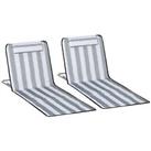 Outsunny 2 Pieces Outdoor Beach Mat Steel Reclining Chair Set w/ Pillow Grey