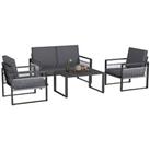Outsunny Aluminium Garden Furniture Sets w/ Cushions, Slatted Top Table, Black