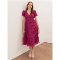Lovedrobe Womens Fuchsia Short Sleeve Floral Burnout Midi Dress Puff V-neck - 8 Regular