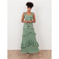 Maya Deluxe Womens Dark Sage Green Embellished Ruffled Maxi Dress With Keyhole - 12 Regular
