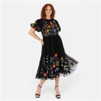 Maya Deluxe Womens Black Floral Embroidered Midi Dress With Keyhole Back - 6 Regular
