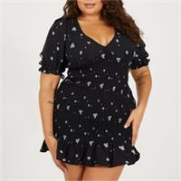 Brave Soul Womens Plus Size Puff Sleeve Mini Dress With Frill Hem V-neck - 16 Plus
