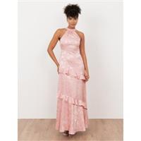 Maya Deluxe Womens Soft Pink Floral Jacquard Satin Halter Neck Maxi Dress - 12 Regular