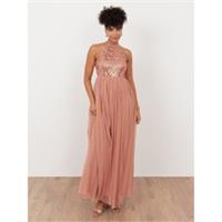 Maya Deluxe Womens Terracotta Pink Linear Embellished Halter Neck Maxi Dress - 12 Regular