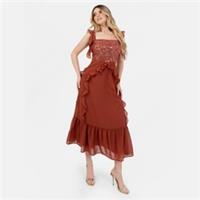 Maya Deluxe Womens Embellished Strappy Midi Dress With Ruffle Detail Waterfall - 6 Regular