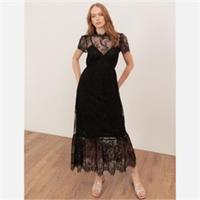 Lovedrobe Womens Black Lace Midaxi Dress Short Sleeve Maxi High Neck - 10 Regular