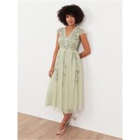 Maya Deluxe Womens Meadow Green Embellished Tulle Midi Dress With Open Back - 12 Regular