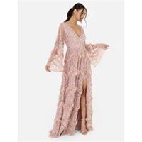 Maya Deluxe Womens Pink Fully Embellished Maxi Dress With Frill Detail Batwing - 12 Regular