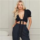 I Saw It First Womens Textured Tie Front Crop Top Co Ord Puff Sleeve - 10 Regular