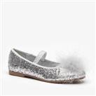 Be You Kids Sequin Mary Jane Feather Detail Silver Shoes Training Slip On
