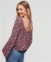 Superdry Womens Printed Flared Sleeve Open Back Top - 12 Regular