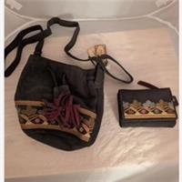 Fatface Embroidered Charcoal Suede Leather Crossbody Bag and Purse Festival