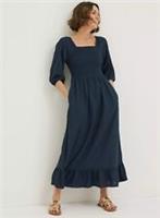 FAT FACE Adele Shirred Navy Midi Dress. Size UK 12 Regular *NEW* RRP £69 - 12 Regular