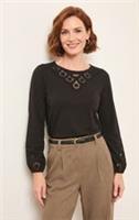 FAT FACE Cleo Black Long Sleeve Embroidered Round Neck Blouse.Size UK 14. *NEW* - 14 Regular