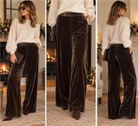 FatFace Copper & Black Brown Velvet Wide Leg Trousers UK 12R Party Evening - 12 Regular