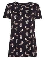 Fat Face Women's Short Sleeve Eden Style Oriental Bird Printed T-shirt - Black - 12 Regular