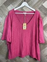 FAT FACE Angela V-Neck Knit Top Bright Pink Size UK 22 Linen Blend New - 22 Plus