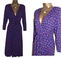 Fat Face Wrap Midi Dress 12 Purple Pink Polka Dot Spot 3/4 sleeve Xmas Party - 12 Regular