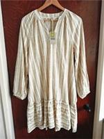 BNWT Fat Face Amy Striped Linen Blend Dress Size 10R Beige White - 10 Regular