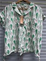 FAT FACE Green Shirt UK 16 Womens Val Parrot Print Linen Blend Short Sleeve Top - 16 Regular