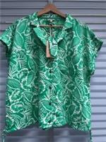 FAT FACE Green Shirt UK 16 Womens Val Leaf Print Linen Blend Short Sleeve Top - 16 Regular