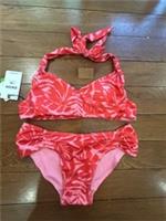 FatFace Size 6 Bikini Set BNWT Pink Tropical Leaf Print Halter Neck High Waist - 6 Regular