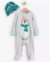 Fat Face Grey Penguin Sleep Suit And Hat Set Age 12 To 18 Mths PK