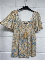 Fat Face Lucia Flutter Sleeve Shirred White Yellow Blue Summer Top Size 8 PK - 8 Regular