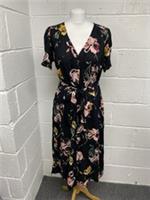 Fat Face Black Floral Button-up Belted Short Sleeved Fit & Flare Dress UK 14 PS - 14 Regular