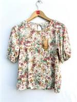 Fat Face Poppy Fleur Meadow Floral Top Ivory Stretch Cotton Short Sleeve UK 10 - 10 Regular