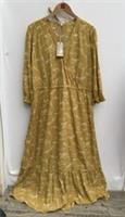 Fat Face Penryn Painted Bird Midi Dress Viscose Mid Yellow Long Sleeve UK14 NWT - 14 Regular