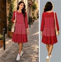 FAT FACE DRESS UK 12 RED PRINT TRAPEZ AND SWING RUFFLED OVER KNEE 3/4 SLEEVE #2 - 12 Regular