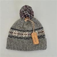 Fat Face Bobble Hat Grey One Size Mens Wool Blend Fair Isle Beanie Knit