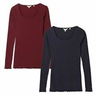 Fat Face Burgundy Scoop Neck Ribbed Top Frill Hem Long Sleeve T Shirt Cotton - 6 Regular