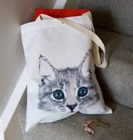 Grey Cat Face White Canvas Tote Bag Shopping Handbag Reusable Shopper Cat Lovers