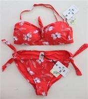 FAT FACE BOLD BLOOMS BANDEAU FLORAL PADDED BIKINI SET - RED - WOMEN UK10 16 - UK 10 Regular