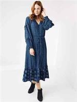 Fat Face Blue Midi Dress UK 8 Women Cora Long Sleeve Floral Tie Waist Pockets - 8 Regular