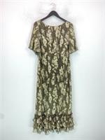 Fat Face Gold Floral Midi Dress Flutter Sleeve Pleated Ruffle Hem UK 16 NEW - 16 Regular