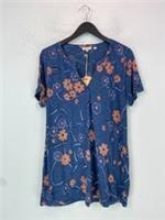 Fat Face Blue Floral Short Sleeve Top Notch Neck Cotton Blend UK 14 NEW - 14 Regular