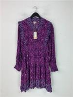 FatFace Purple Ikat Mini Boho Dress Long Sleeve Button Frill Trim Ecovero UK 14 - 14 Regular