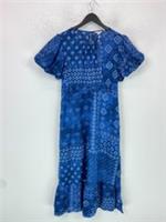Fat Face Blue Patchwork Midi Cotton Dress Boho Puff Sleeve Pockets UK 16 NEW - 16 Regular