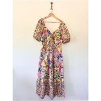 Fat Face Rio Cotton Midi Dress Size 18 Vibrant Arty Pockets Puff Sleeve Tiered - 18 Regular