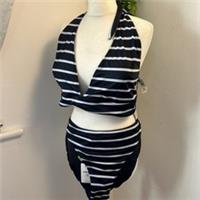 Fat Face Bikini Sets Halter Neck Top & Bottoms Uk Size 24 New Tagged Blue Strips - 24 Regular