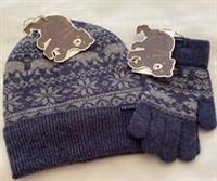 Fat Face Kids Bear Fairisle Beanie & Matching Gloves Size M - New - Blue Marl