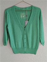 Fat Face Green 100% Cotton 3/4 Sleeve Cardigan Size 12 Pointelle V Neck - 12 Regular