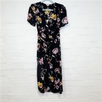 Fat Face Tea Dress Black Pink Floral Button Down Belted Short Sleeve UK Size 8 - 8 Regular