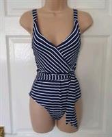 Fat Face Breton Wrap Swimsuit Size 10 Blue & White Stripe Adjustable Straps - 10 Regular